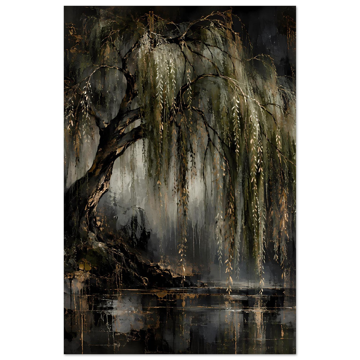 Quadratisches Naturposter: Weidenkrone mit gold schimmernden Ranken und Reflexion im Wasser