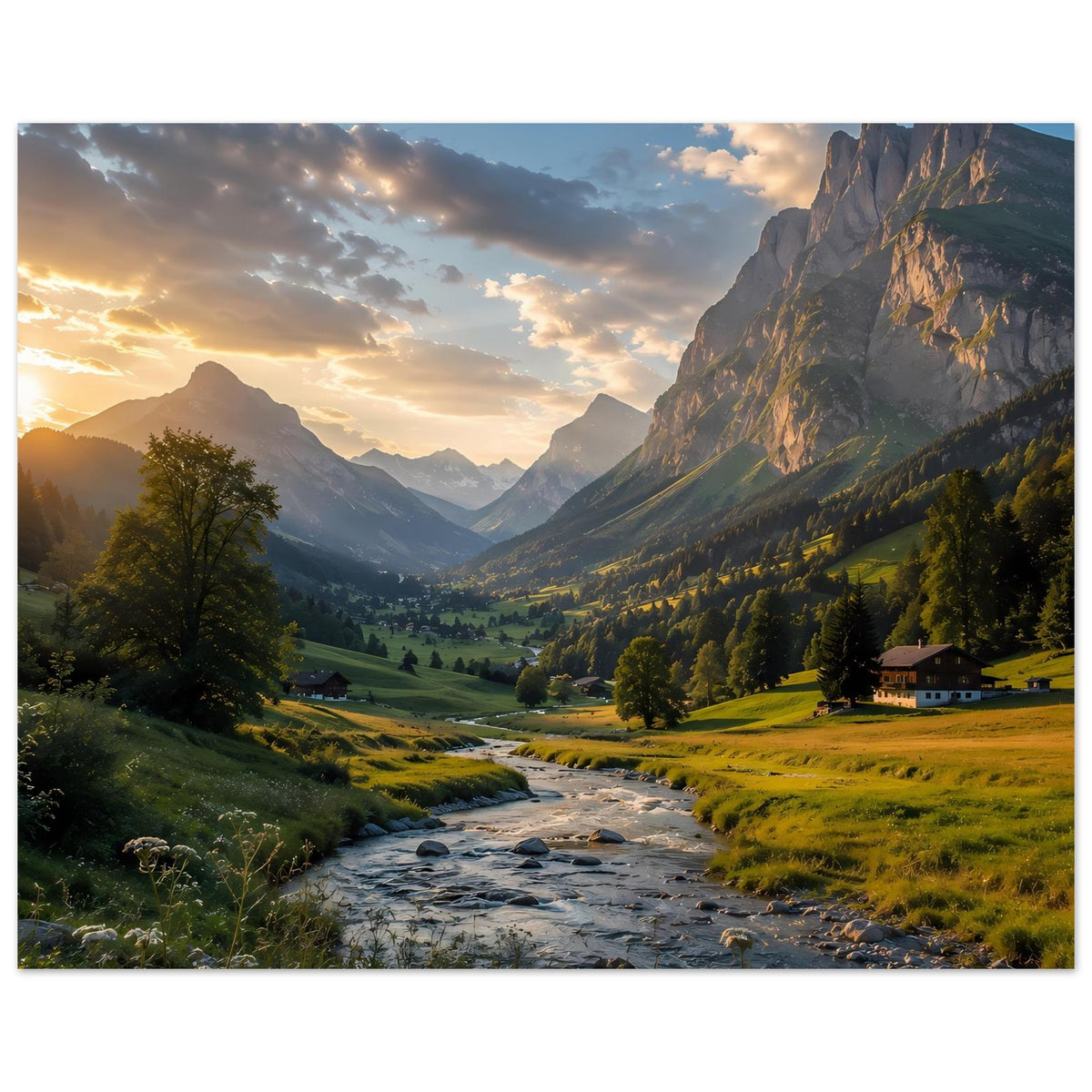 Alpenposter querformat: Fluss durch grünes Tal, Berge und Sonnenuntergang