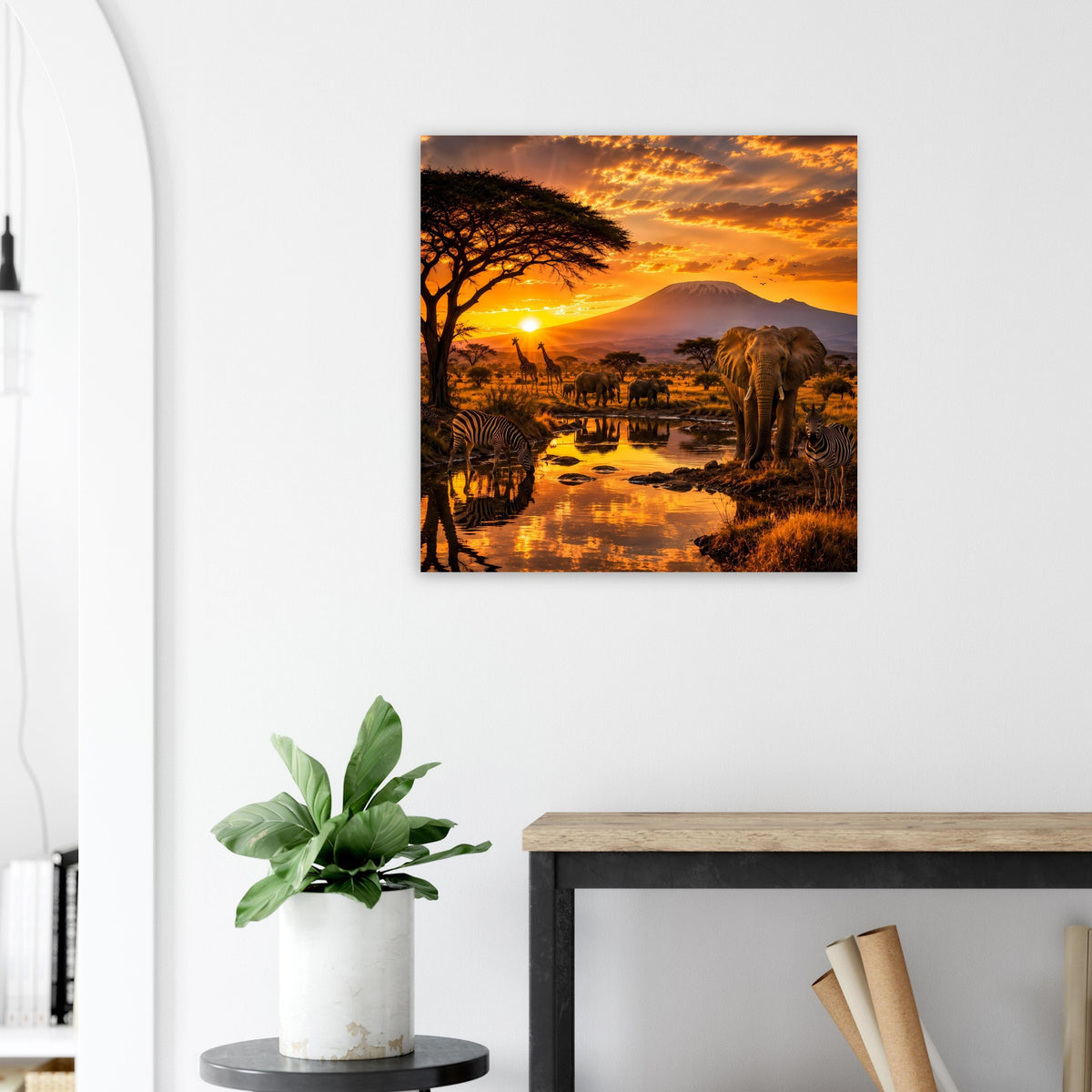 Quadratisches Poster mit afrikanischer Landschaft und Elefanten im Sonnenuntergang