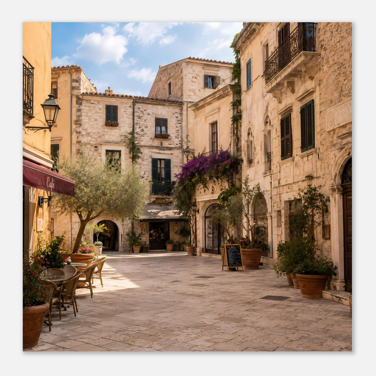Poster mit mediterraner Altstadtgasse und Café-Terrasse, vertikal