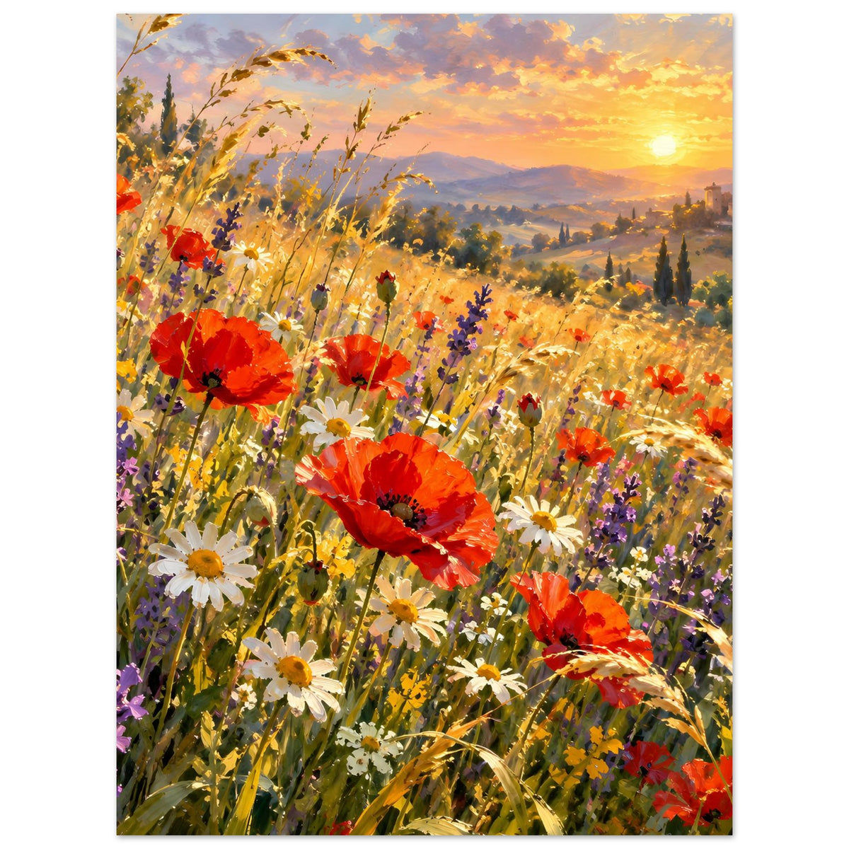 Leuchtendes Wildblumenfeld-Poster mit roten Mohnblumen, weißen Blüten und leuchtendem Abendhorizont