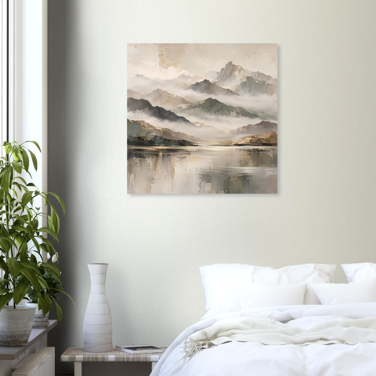 Naturposter mit Bergpanorama und See, gedeckte Beige- und Goldfarben