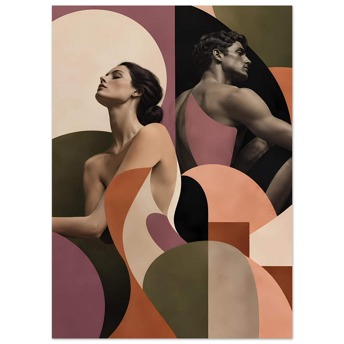 Figurenposter im Hochformat mit zwei Frauenansichten, abstrakte Körperformen in Terrakotta und Mauve.