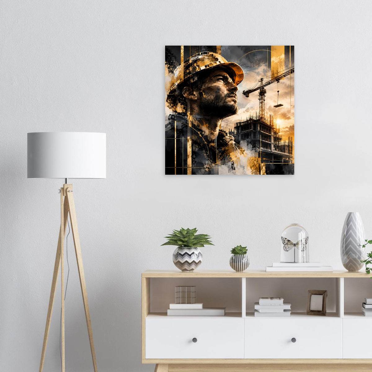 Poster im Querformat: Bauarbeiterporträt in Schwarz mit goldenen Akzenten und Kränen