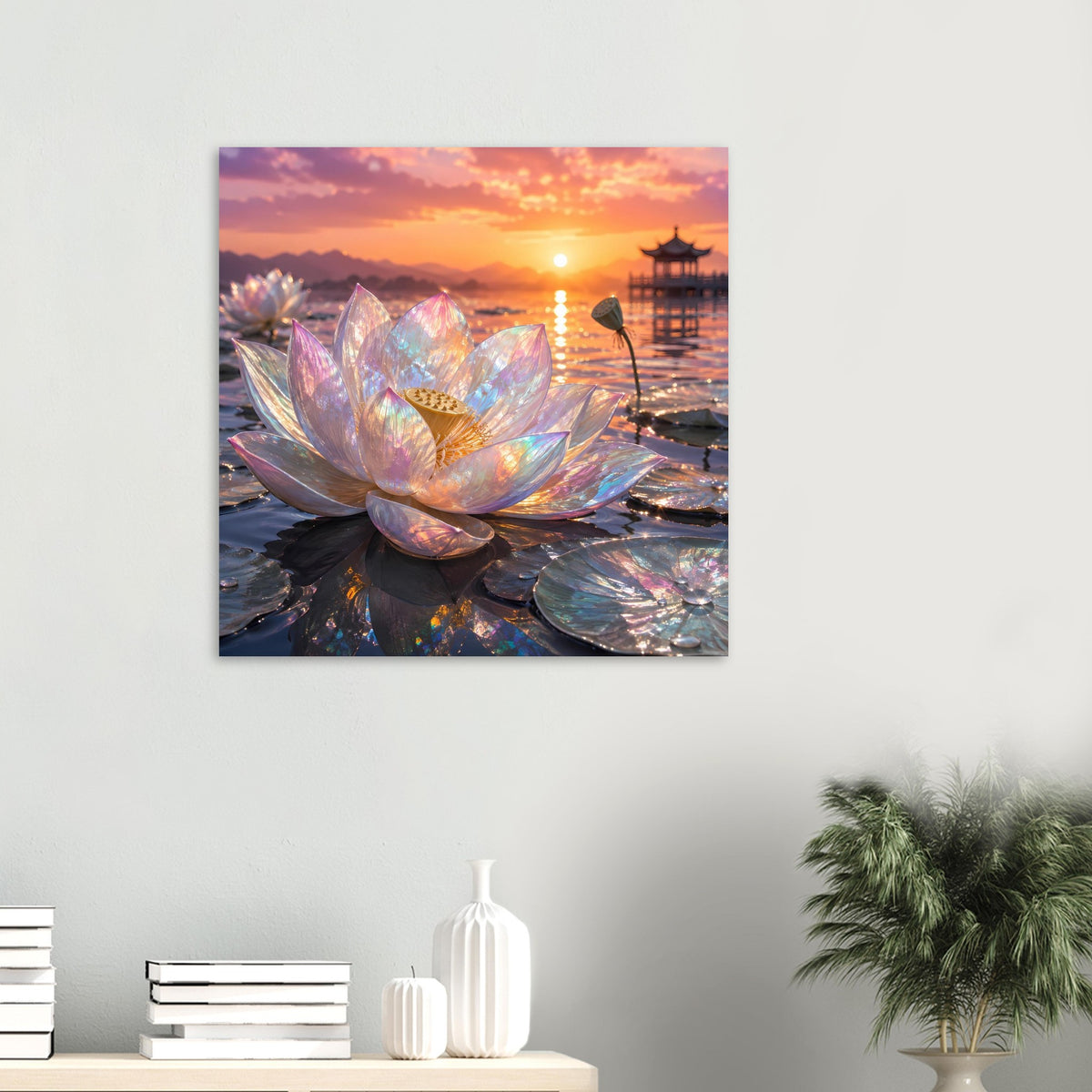 Poster mit schimmernder Lotusblüte, irisierende Blütenblätter und goldener Staubfaden