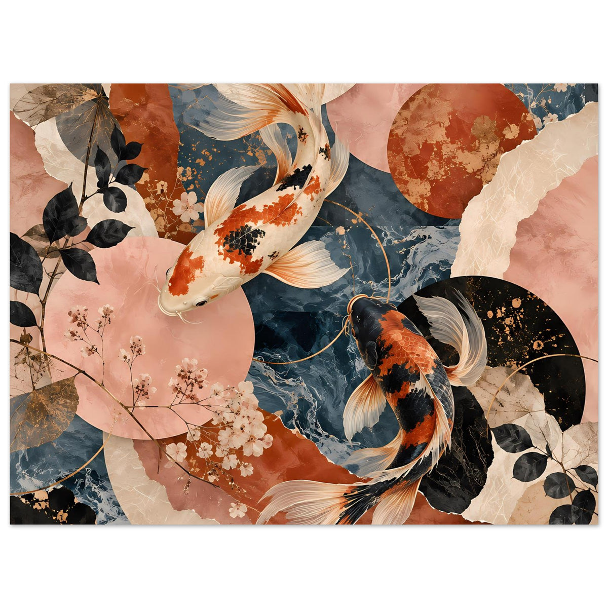 Koi-Fische-Poster, großflächige Kreise und Blumenornamente, Terrakotta, Dunkelblau, schwarze Details