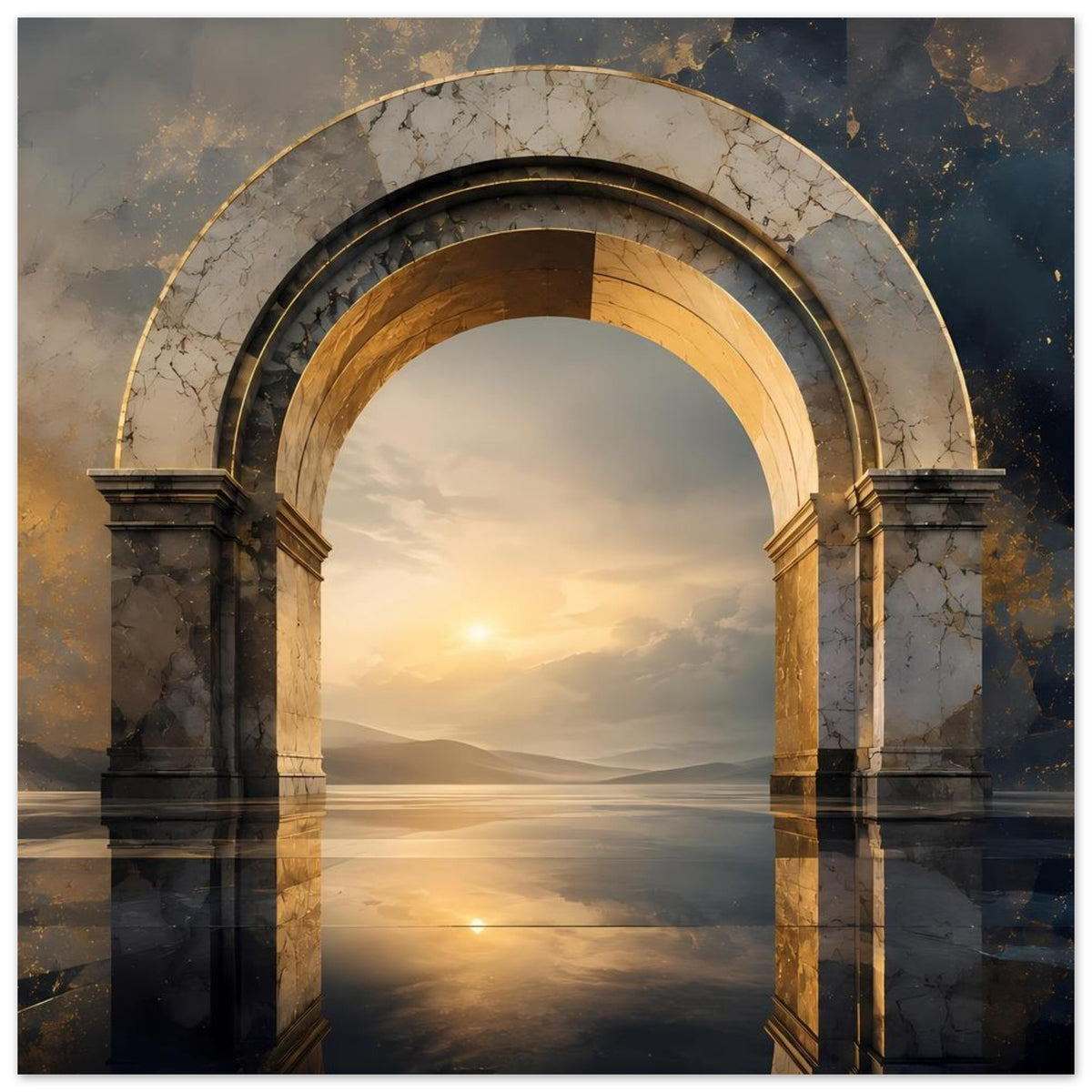 Poster zeigt Marmorbogen mit goldfarbenem Ring, Landschaft und Spiegelung auf dunklem Wasser