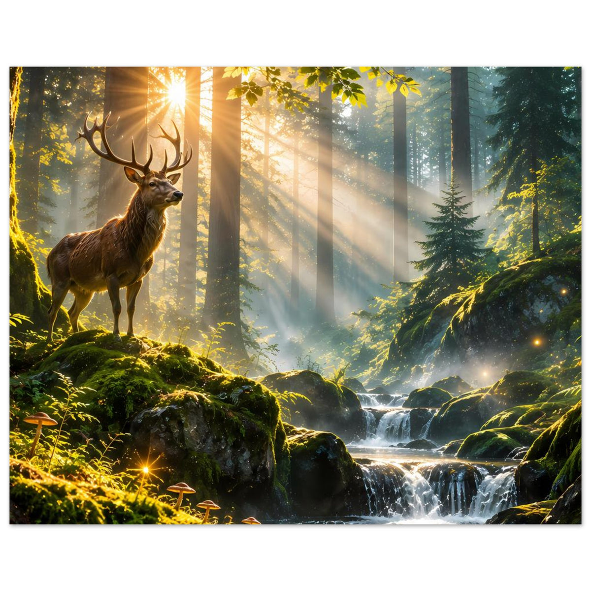 Poster mit Hirsch und Wasserlauf, leuchtender Waldmorgen, Moosflächen und Wasserfall