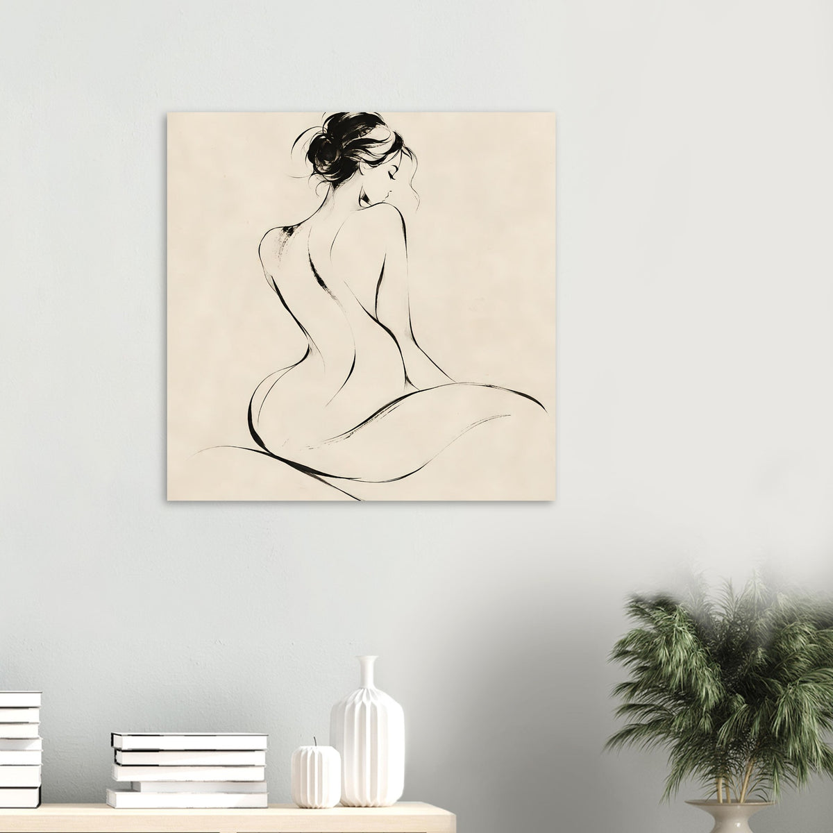 Minimalistisches Poster mit sitzendem Frauenakt als schwarze Linienzeichnung, klar umrissen