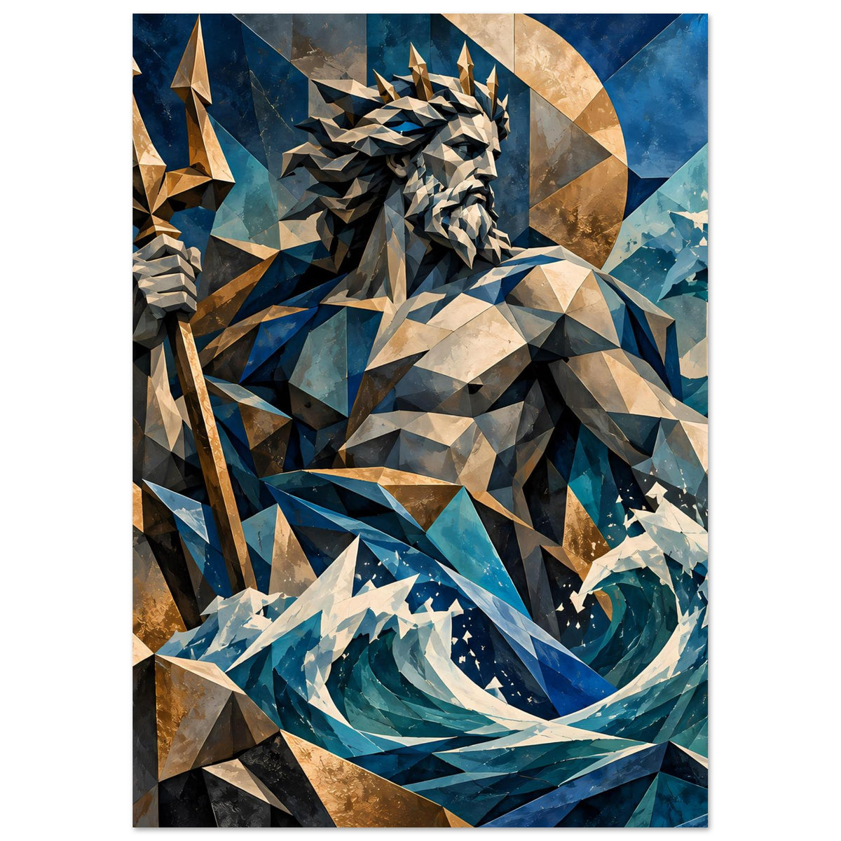Geometrisches Poseidon-Poster im Hochformat: Meerwelle als Polygon-Kunst, Blau, Gold und Creme.