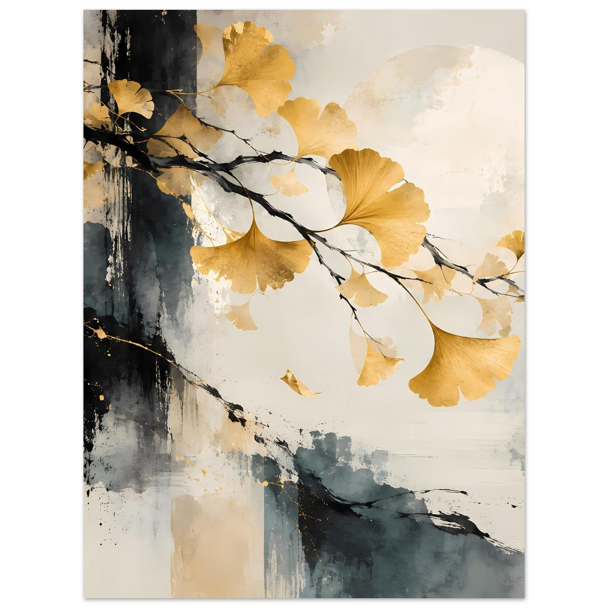 Kunst-Poster im Hochformat mit goldenem Ginkgo-Blatt, weißen Akzenten und schwarzen Ästen