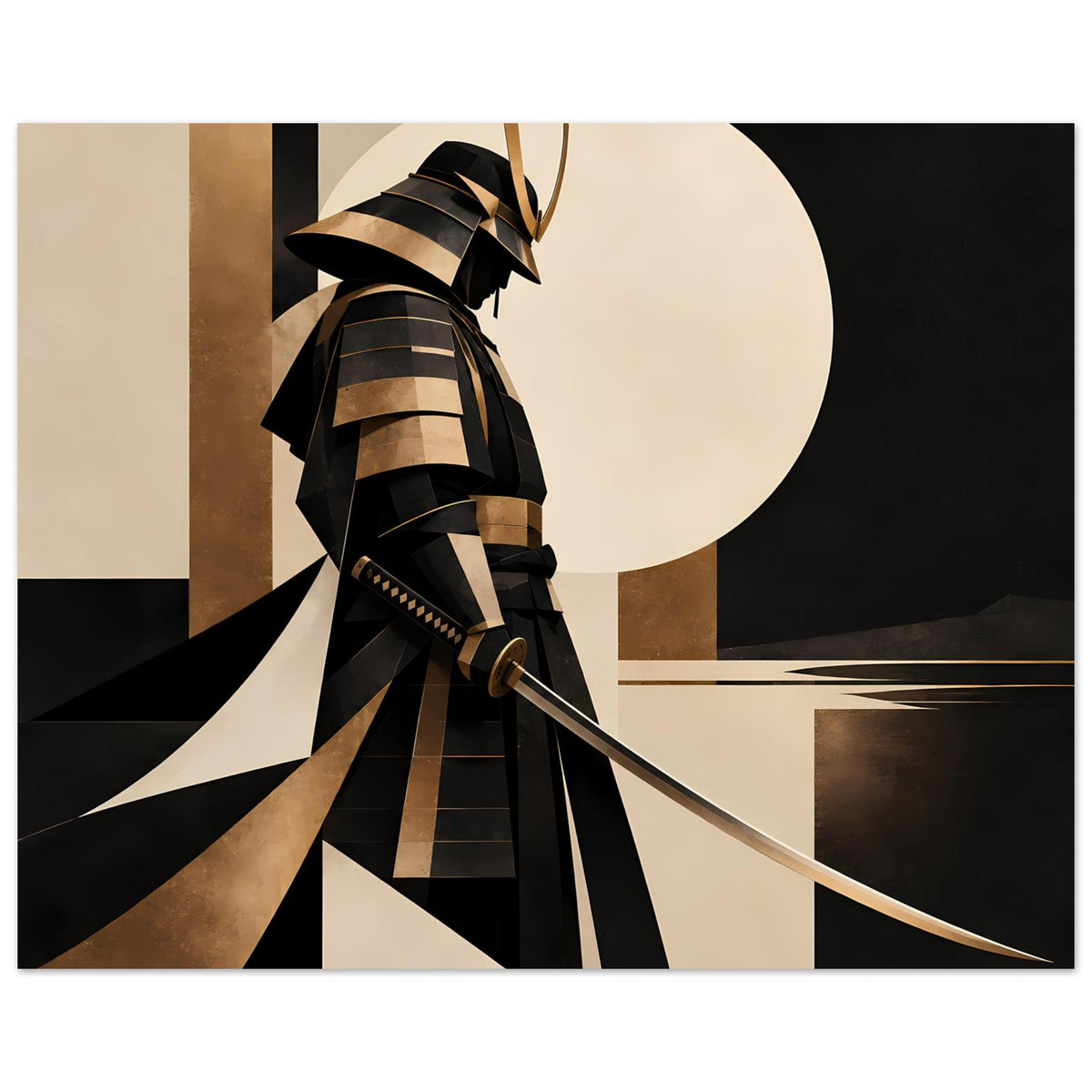 Kunstposter mit Samurai-Silhouette, Katana diagonal, Schwarz-Gold-Akzente und geometrische Flächen