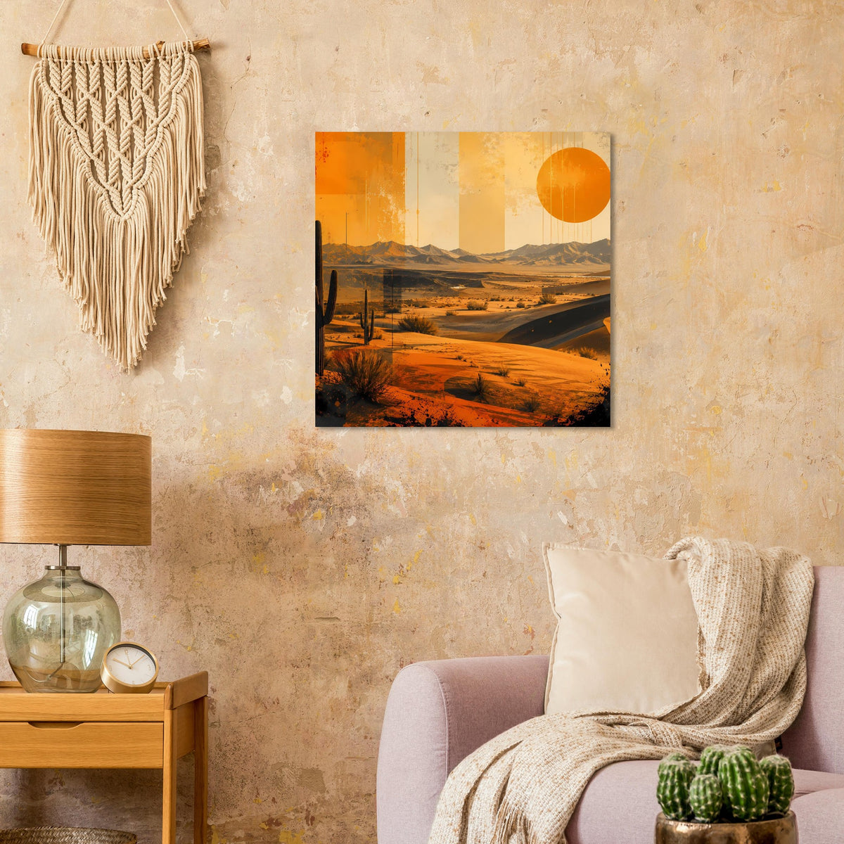 Retro-Wüstenposter mit orangefarbener Sonne und Dünen, gerahmt in quadratischem Format