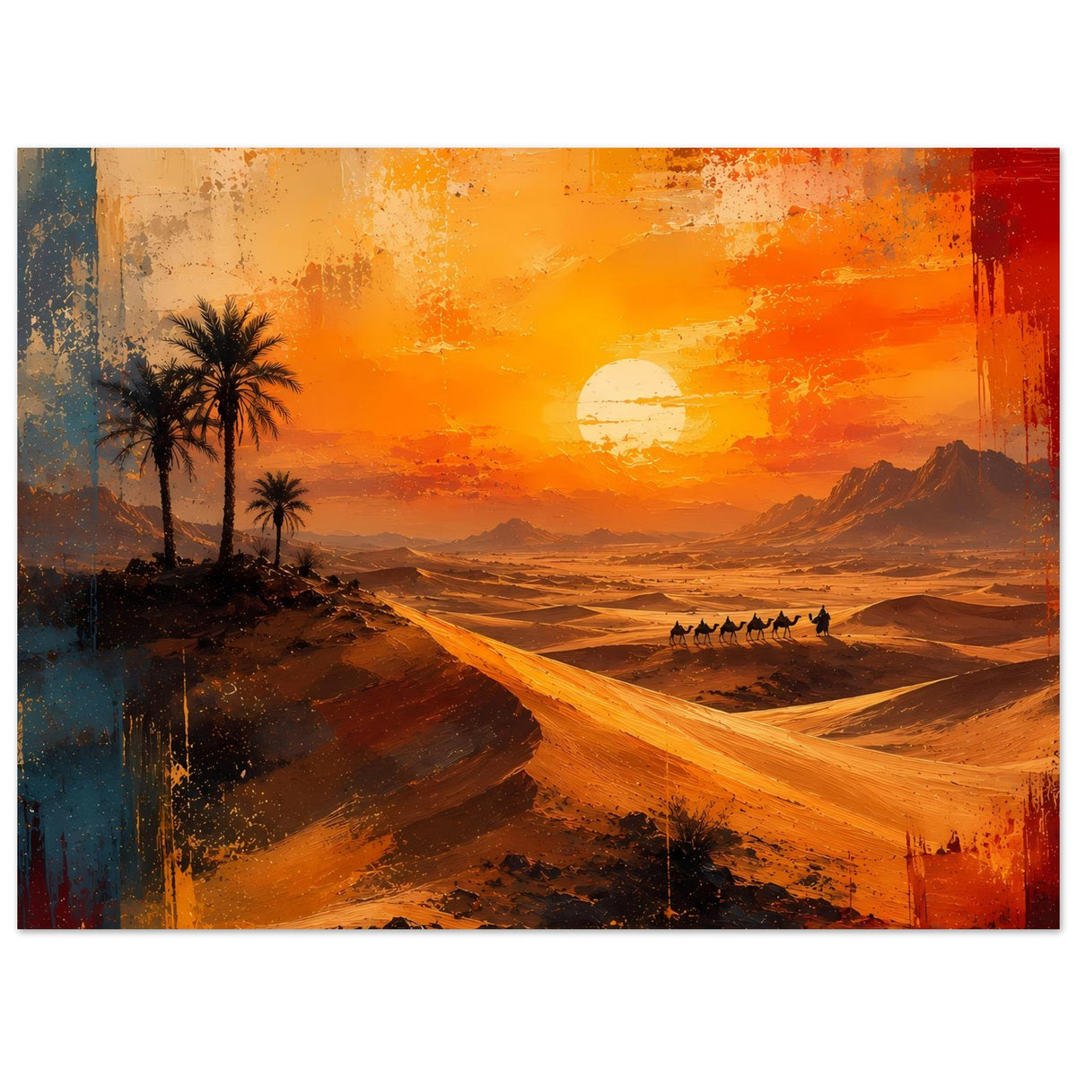 Poster mit goldenen Wüstendünen, Palmen links und Karawane bei Sonnenuntergang