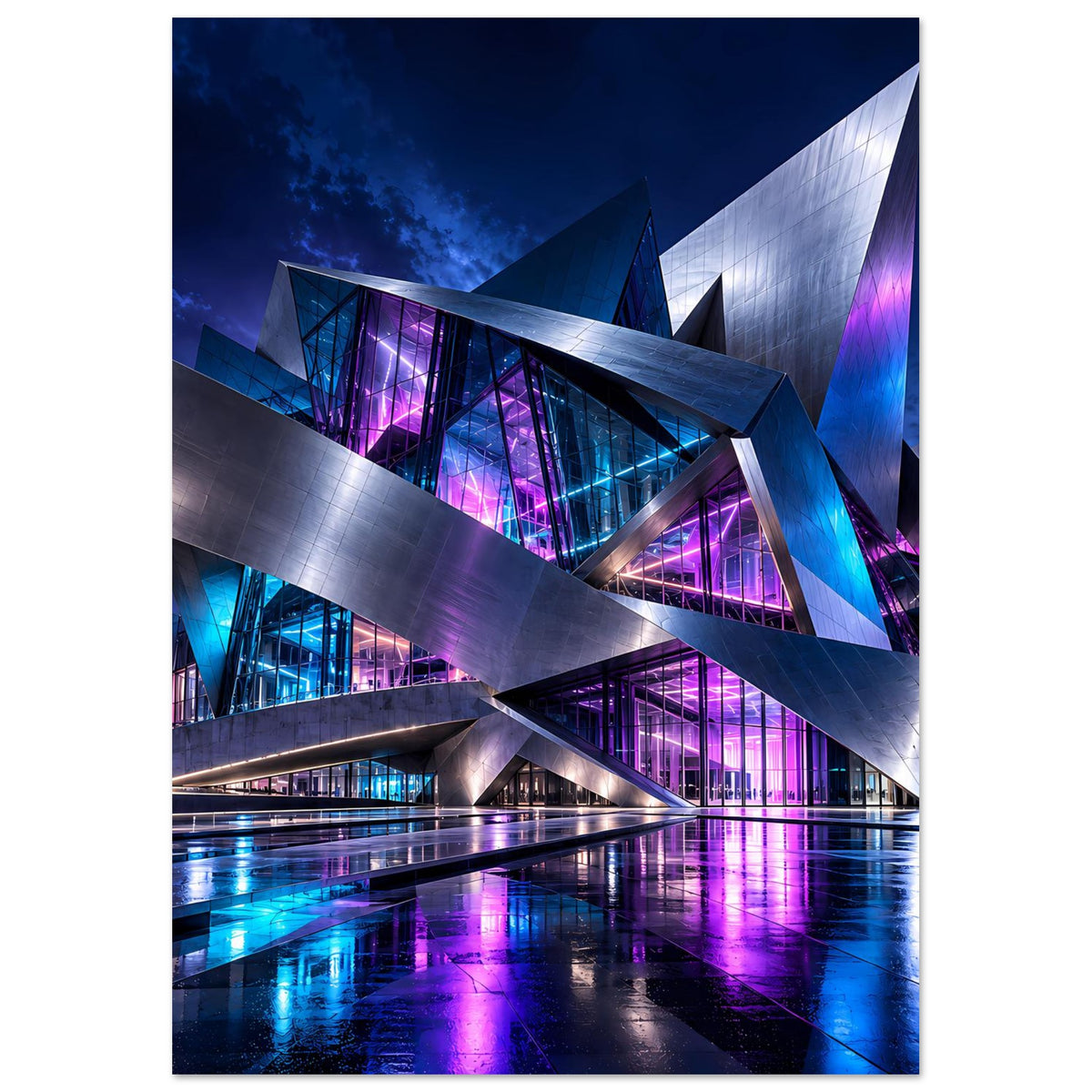 Futuristisches Architekturposter, Hochformat: moderne Glasfassaden mit lila-blauen Lichtlinien