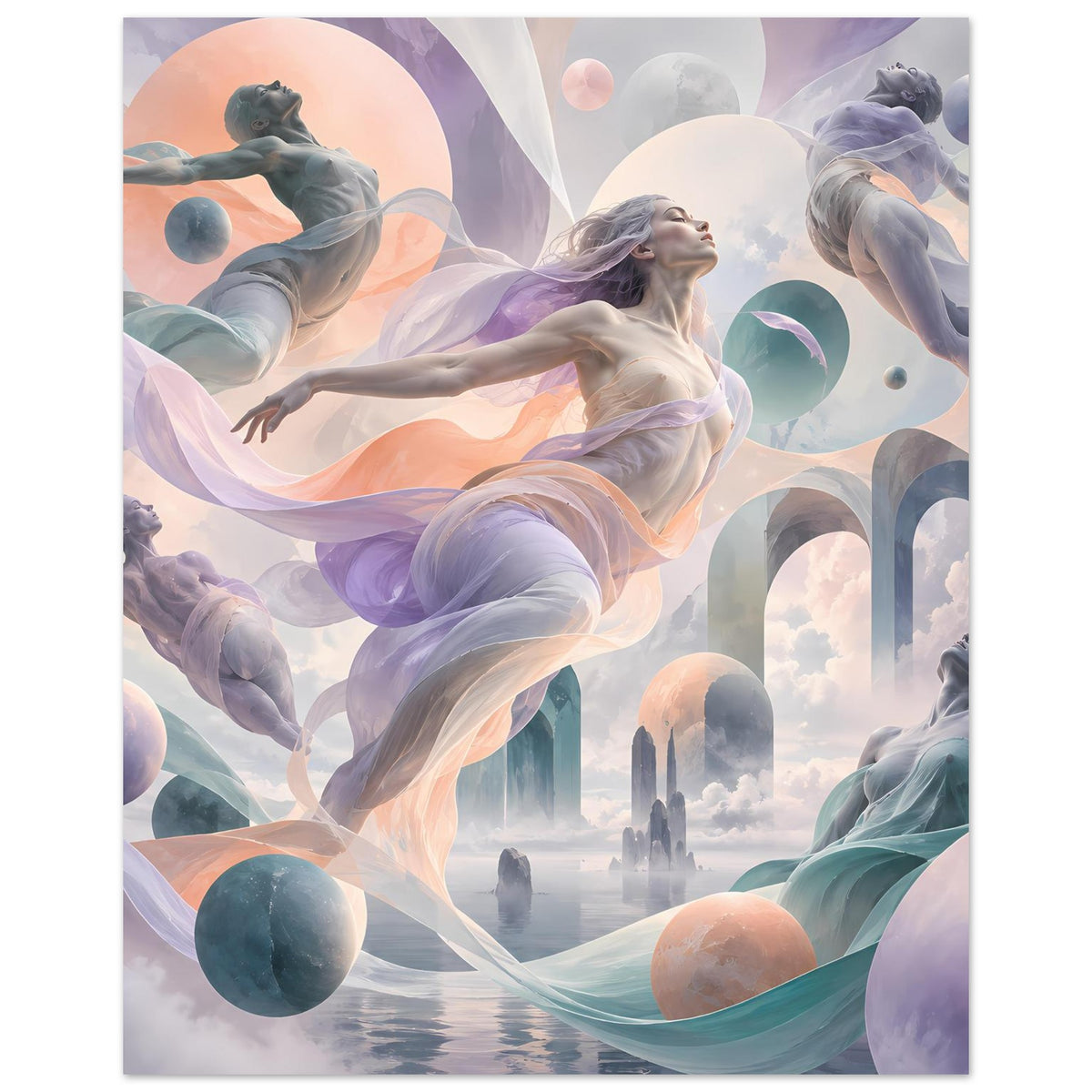Kunstposter im Hochformat mit tanzender Frauenfigur, pastellfarbene Drapierung und Sphären