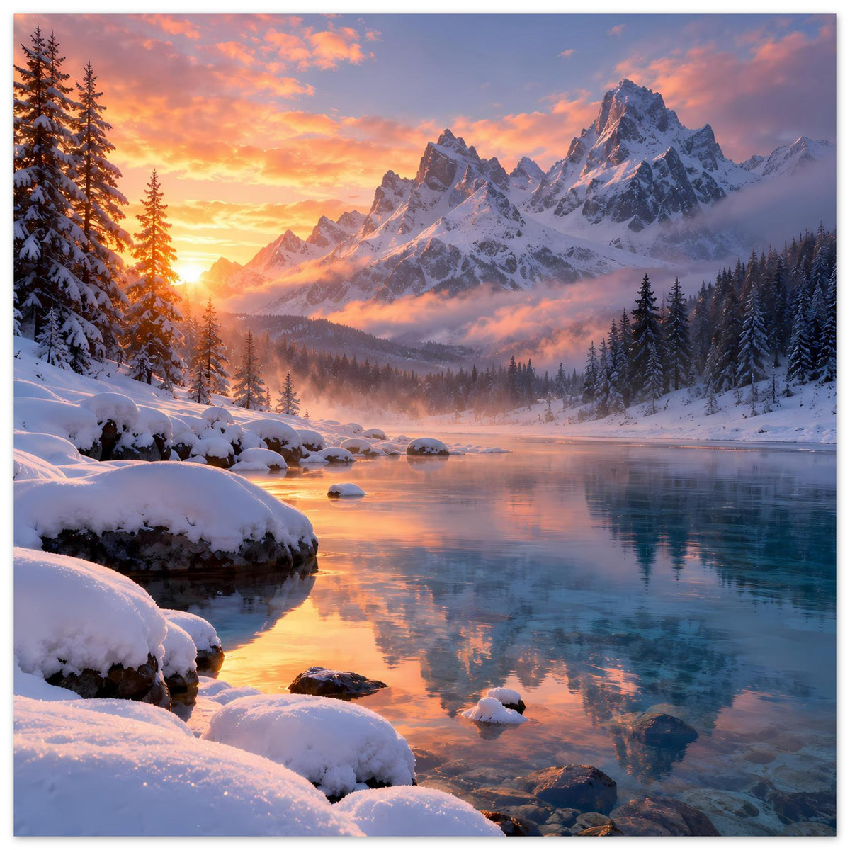 Poster mit verschneiten Alpen, Kiefern und Sonnenaufgang über ruhigem See