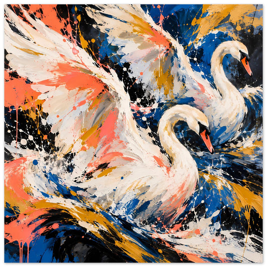 Kunstposter mit Schwänen im Vordergrund, Farbspritzer in Blau, Koralle und Gold