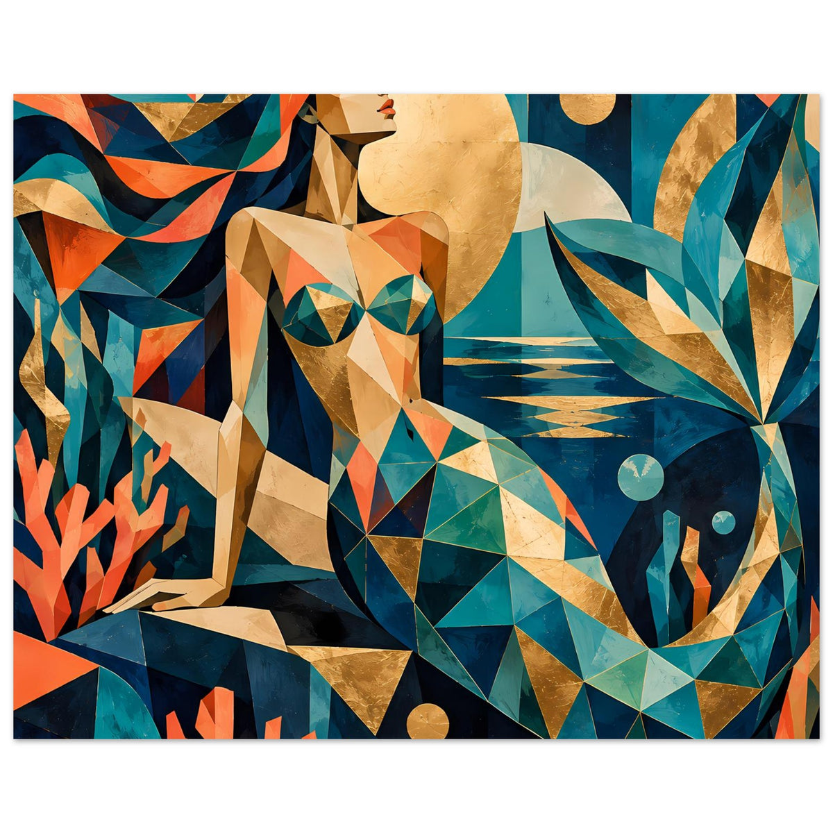 Geometrisches Meerjungfrauen-Kunstposter in Türkis und Korall, horizontal mit Korallen Akzenten