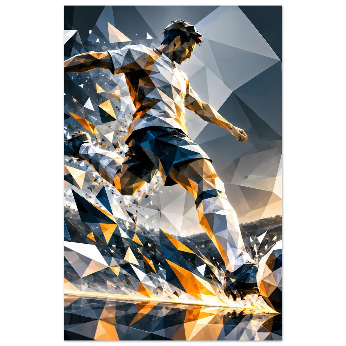 Fußballposter im Hochformat mit abstraktem Torwart? Spielerfigur in Blau und Orange, Ball im Blick
