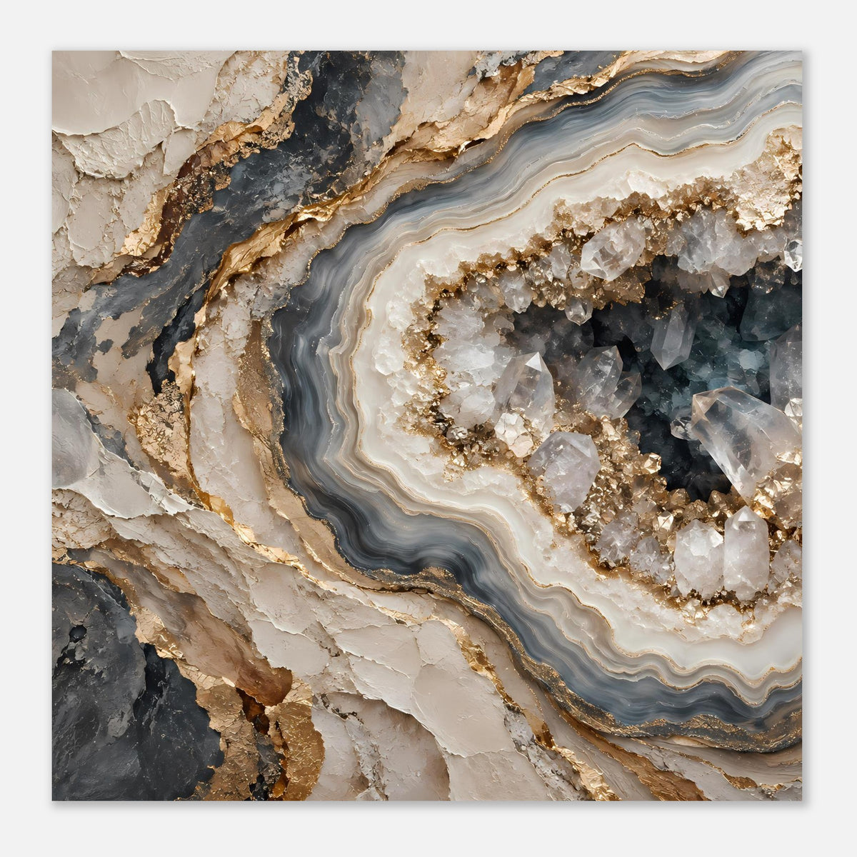 Geoden-Poster mit cremefarbenen und graublauen Schichtlinien sowie goldenen Gesteinsadern