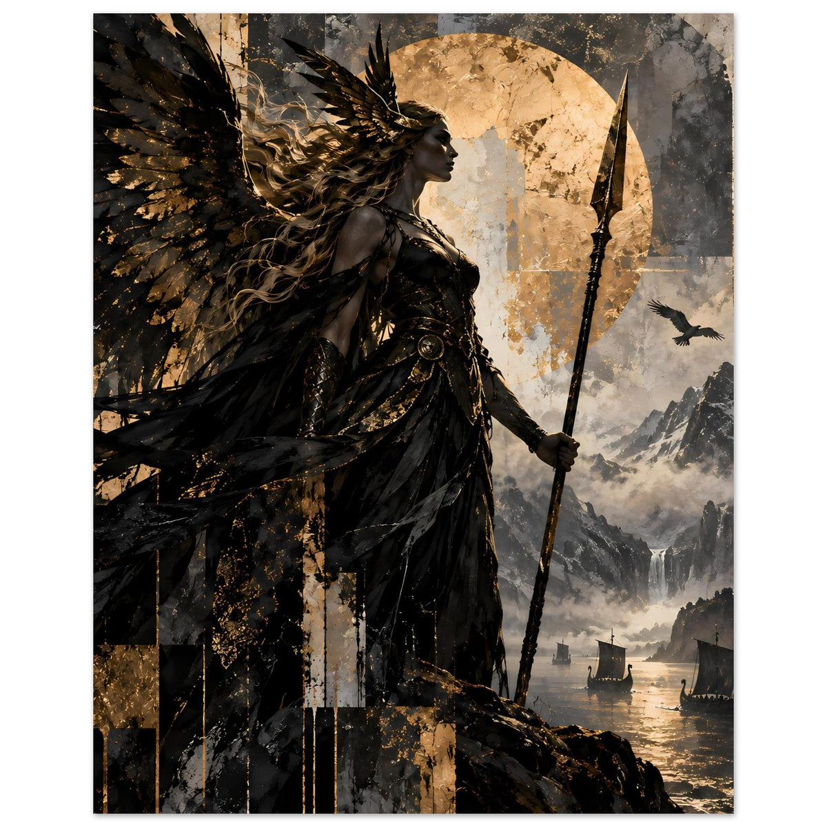 Kunstposter mit Kriegerin im Profil, mächtigen Flügeln und langem Speer, schwarz-gold