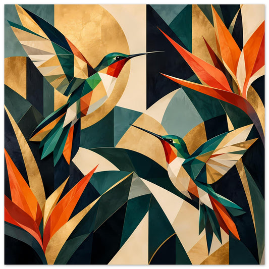 Geometrisches Kunstposter mit Kolibris in Grün-, Orange- und Beigetönen auf dunklem Hintergrund