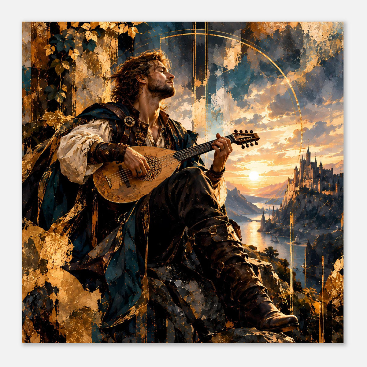 Poster mit Bard-Musiker und Gitarre im Fantasy-Szenenbild mit Sonnenuntergang