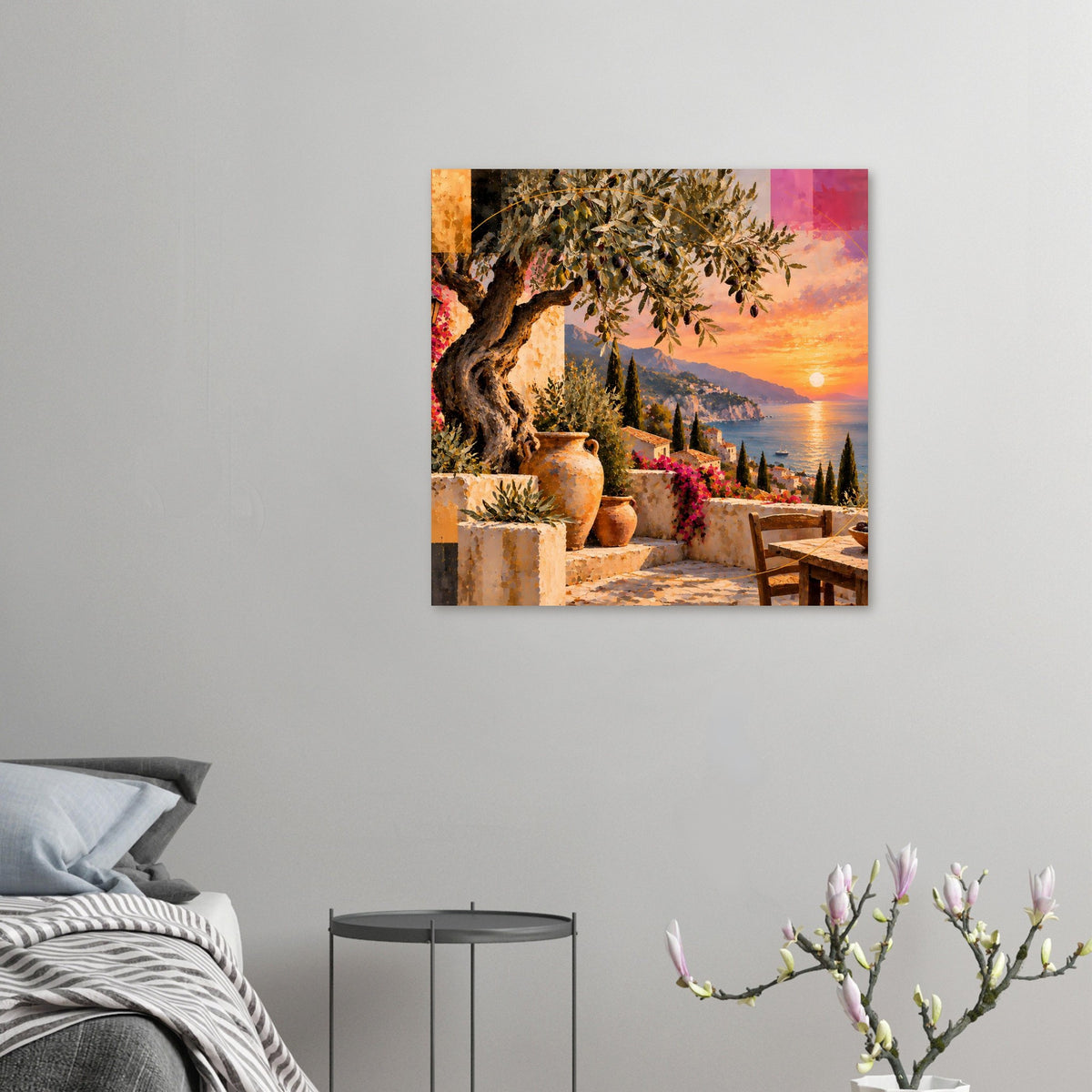 Kleines Kunstdruck-Poster: Sonnenuntergang am Meer mit Mond, Olivenbaum und Sitzbank