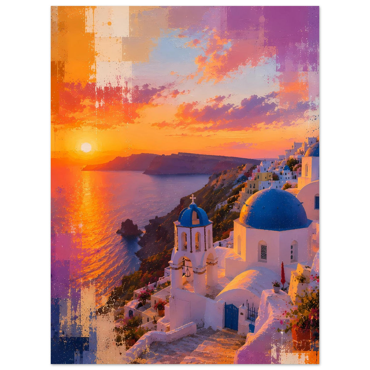 Poster mit Küste im Sonnenuntergang, weiß-blaues Kirchengebäude und abstrakte Farbmuster