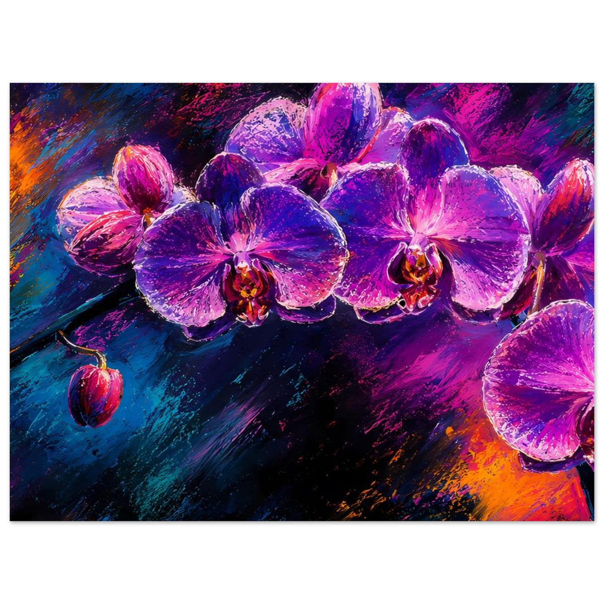 Blumenposter mit violetten Orchideenblüten vor dunklem Farbwirbel, im Querformat
