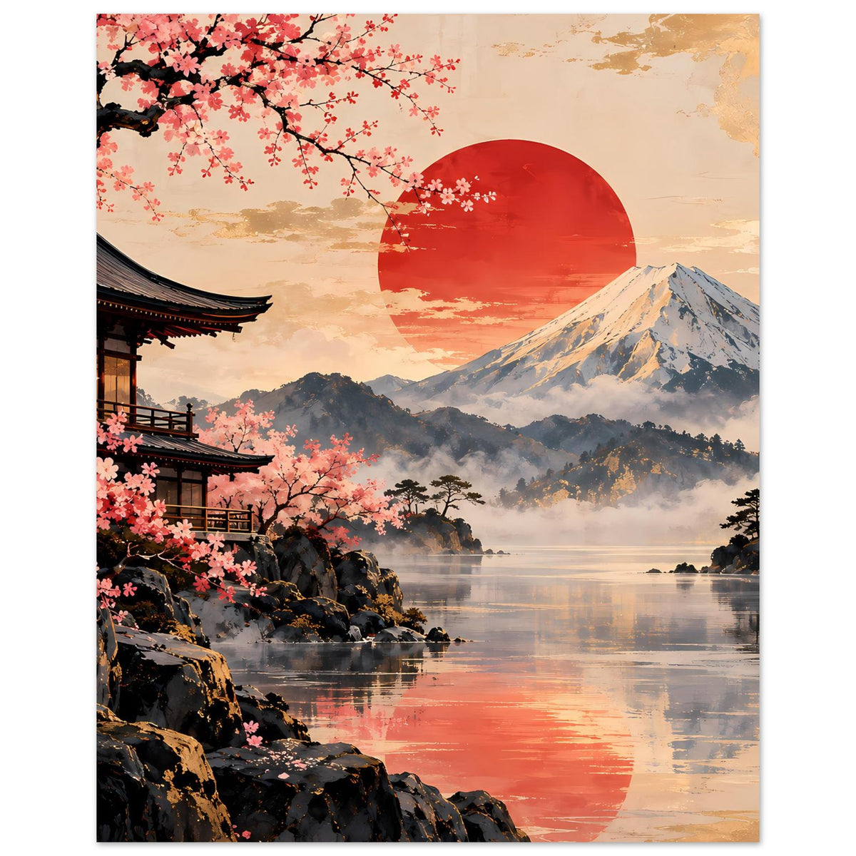 Poster im Hochformat: roter Sonne, Fuji, Kirschblüten am Tempel und Spiegelung im Wasser