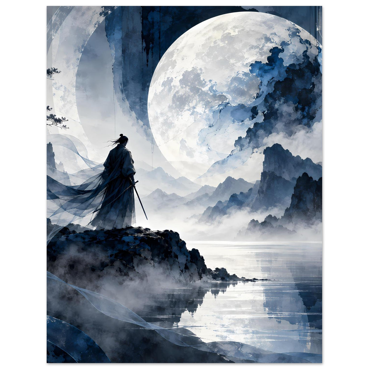 Mattes Poster mit Samurai im Vordergrund, großem Mond über blauen Bergen und See.