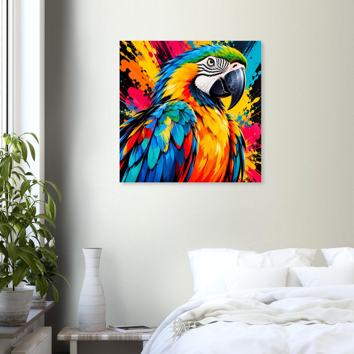 Quadratisches Papageien-Splash-Art-Poster mit bunten Federn