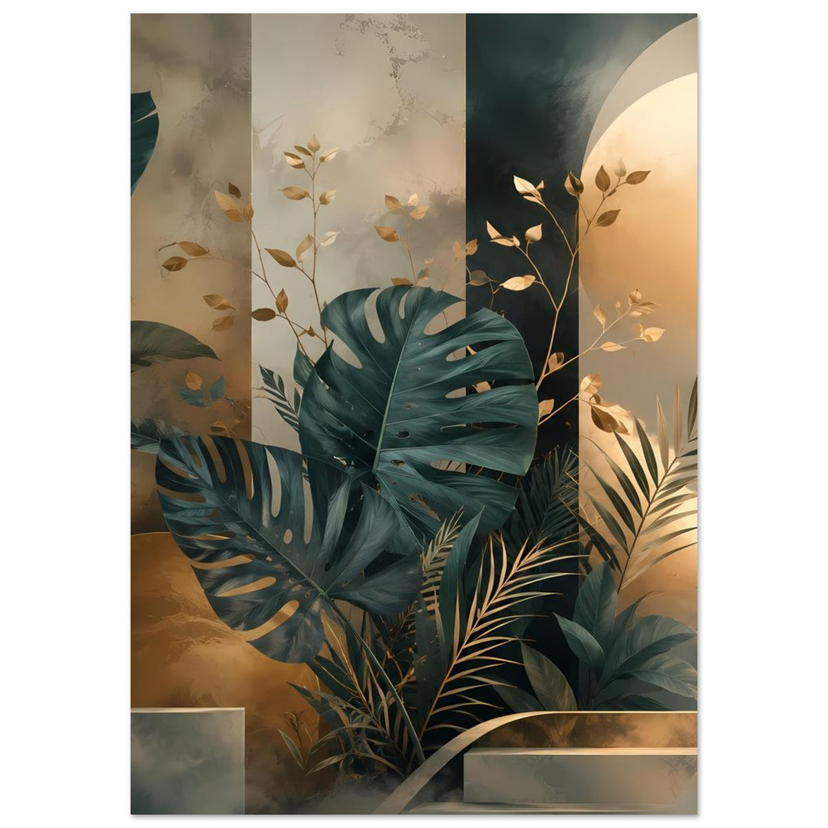 Hochformat-Pflanzenposter mit tropischen Blättern in Petrolgrün und goldenen Schattierungen