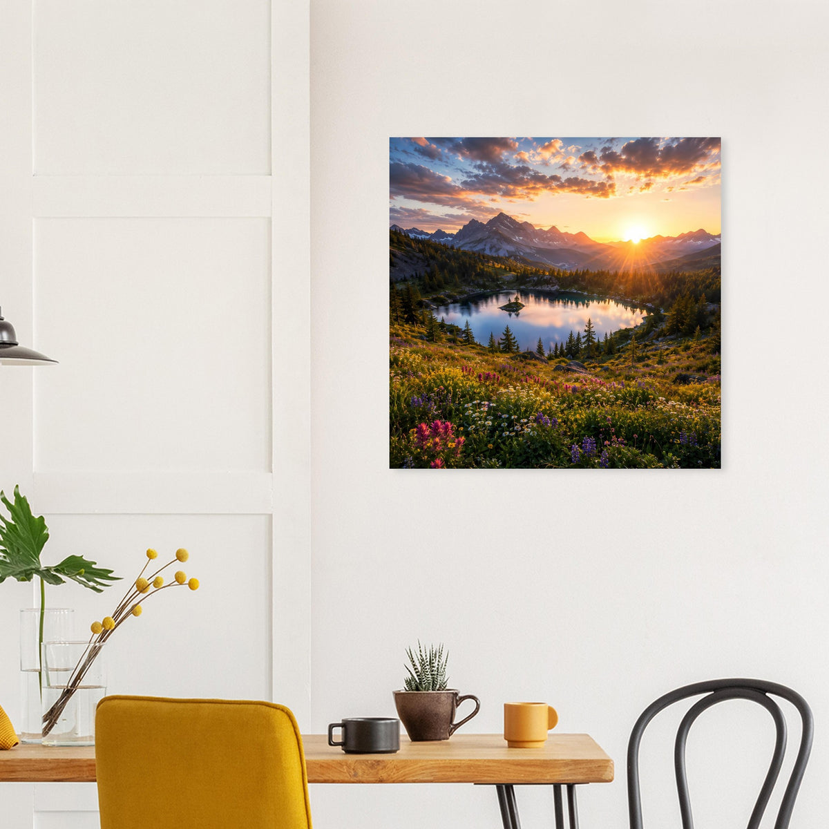 Quadratisches Poster mit Sonnenuntergang über Bergkette und spiegelndem See