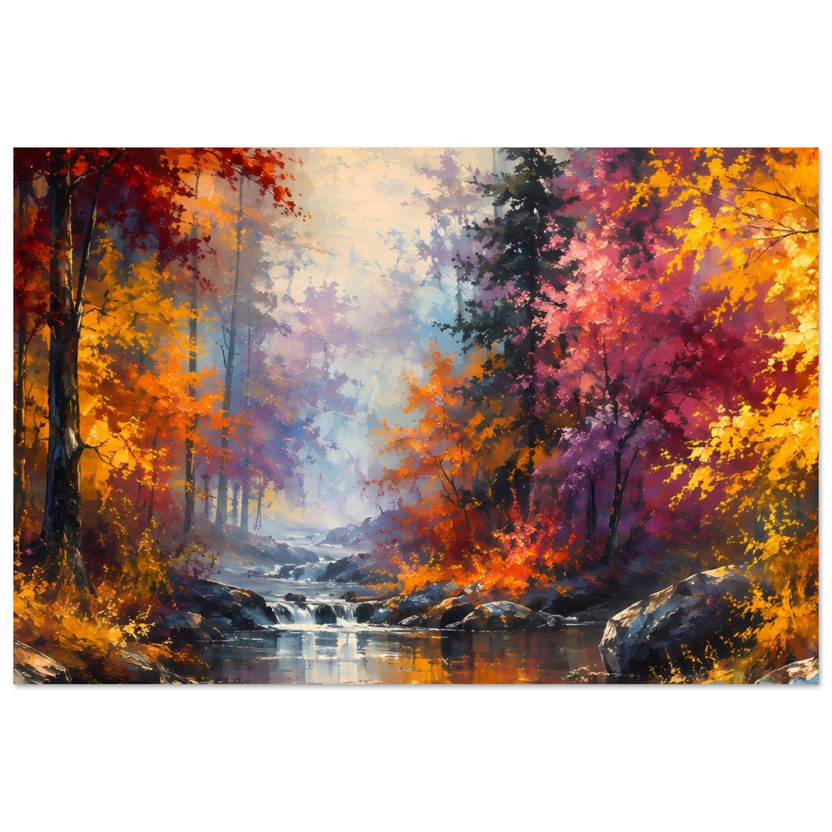 Poster mit Herbstwald-Panorama, Wasserfall im Bach, orange und violette Baumkronen