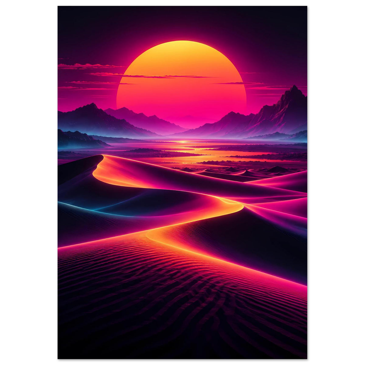 Neon-Desert-Sunset-Poster: gelb-orange Sonne, rosa Himmel und Neon-Lichtwege auf Sand
