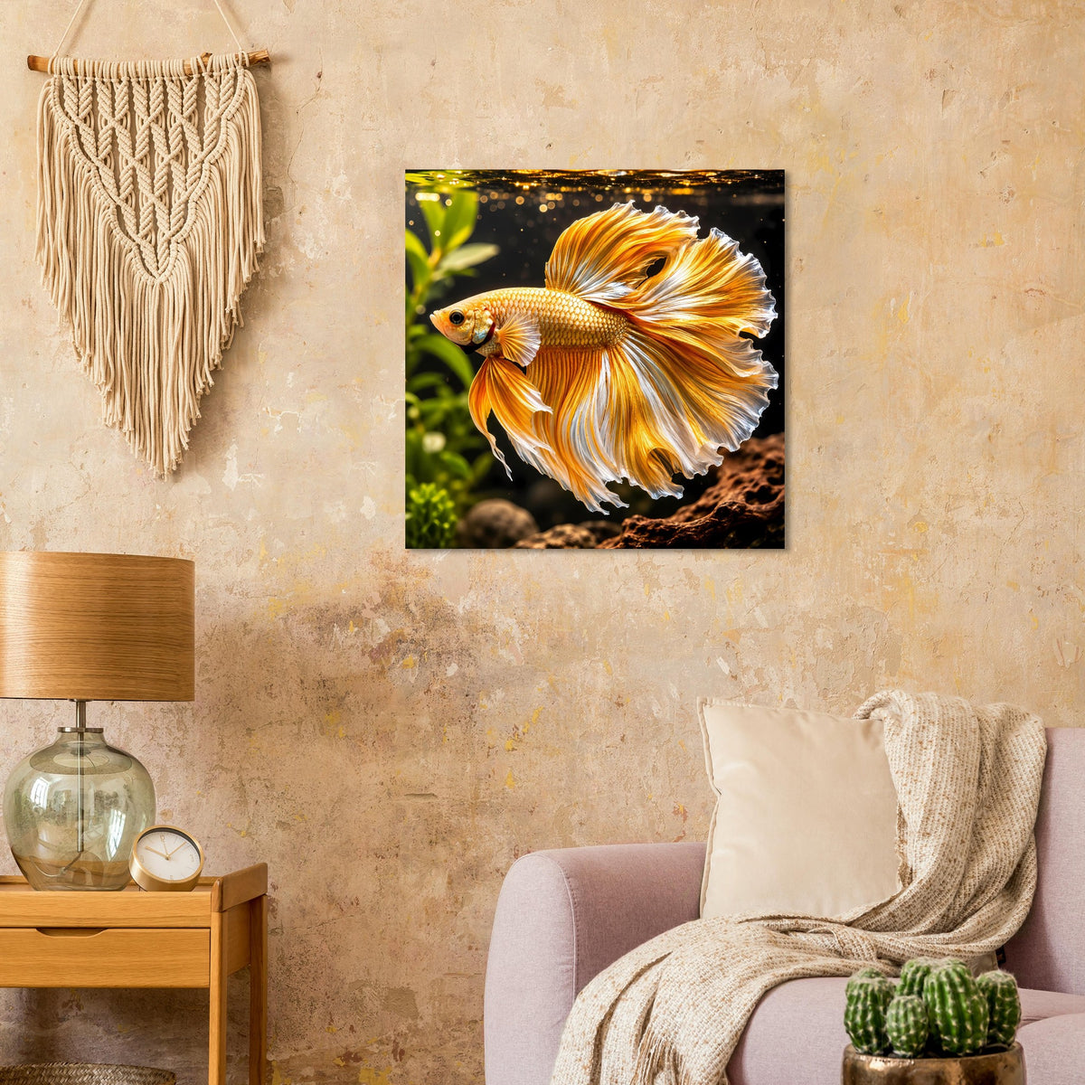 Quadratisches Poster mit orange-goldenem Betta-Fisch und Pflanzen im Hintergrund.