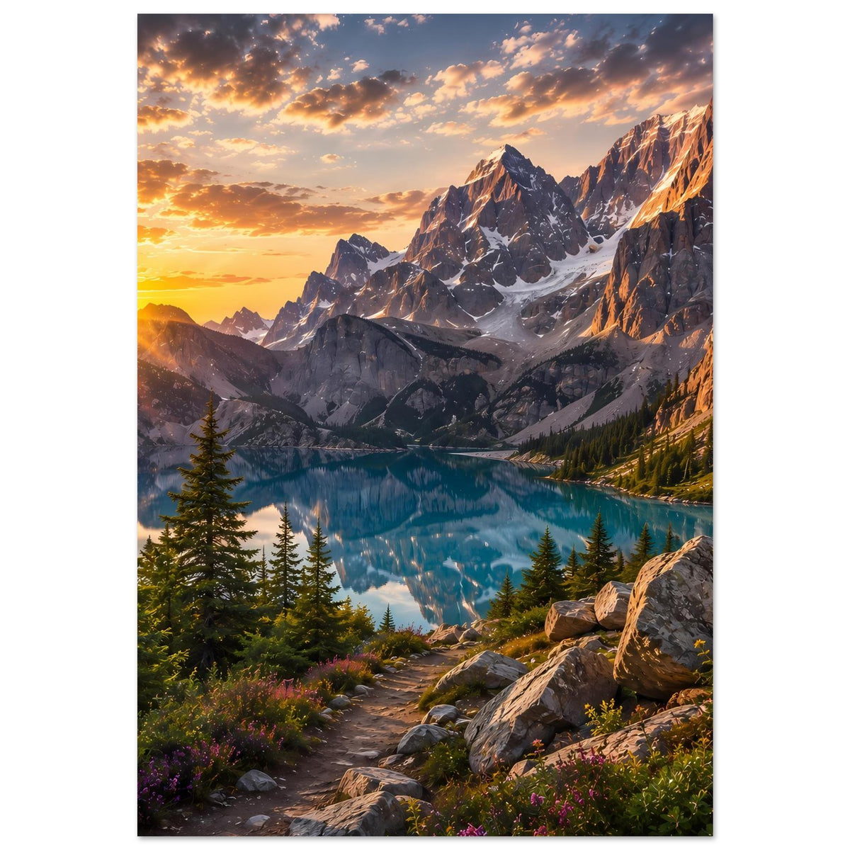 Poster Hochformat: Weg am Berghang mit Felsen, Berge und See bei Sonnenaufgang, matt