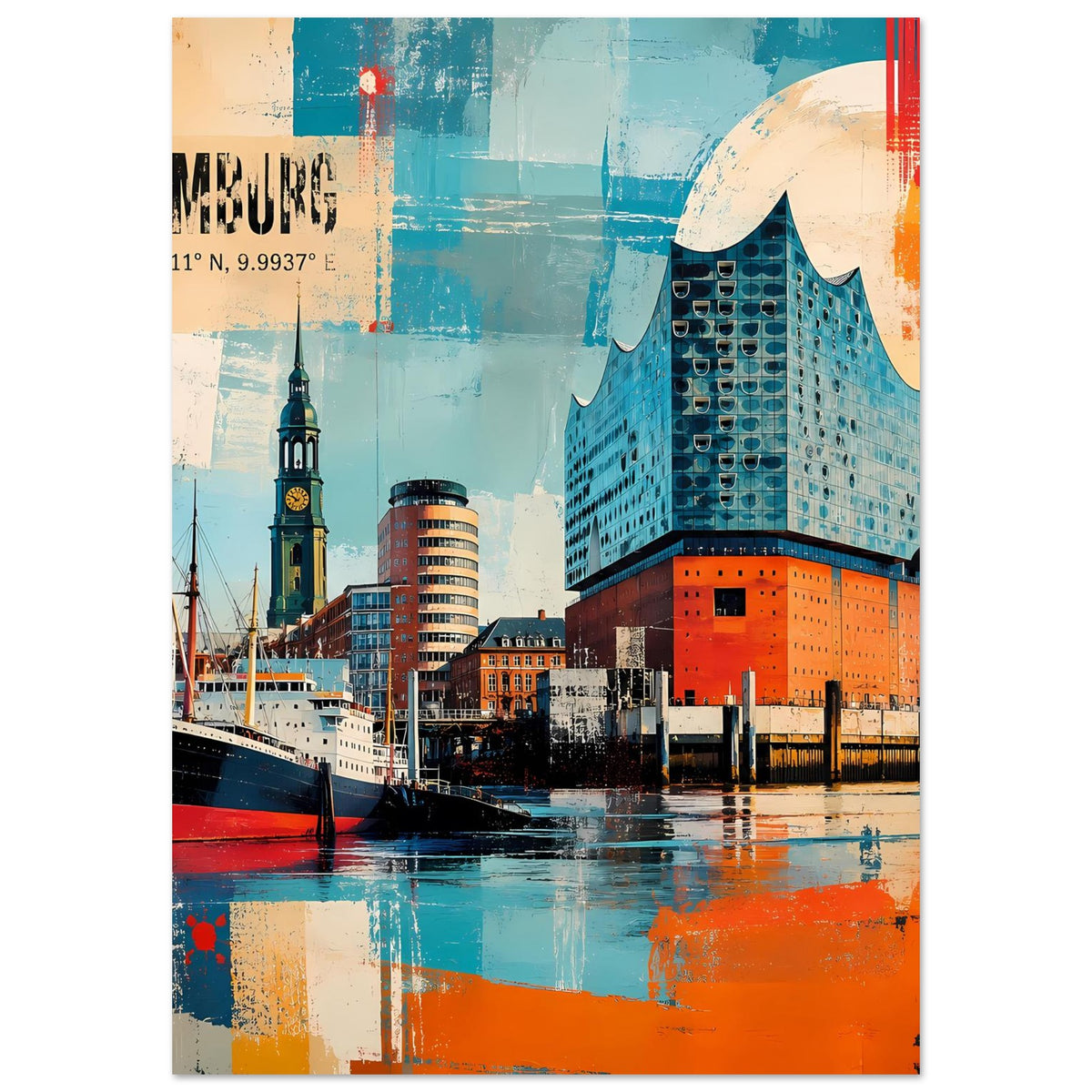 Vertikales Hamburg-Hafen Poster mit Elbphilharmonie in Türkis/Orange, Schiffe unten