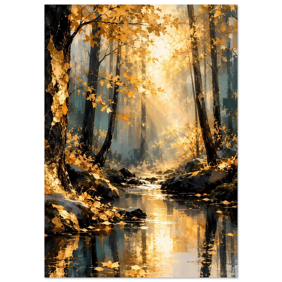 Vertikales Herbstwald-Poster mit goldenem Lichtschimmer, dunklen Bäumen und Wasserlauf unten