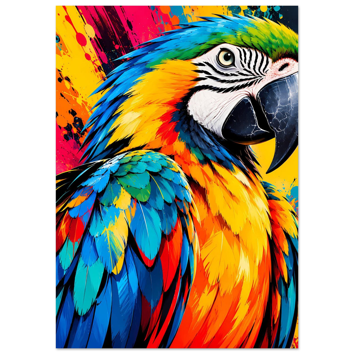 Buntes Papageien-Splash-Art Poster im Hochformat, Kopf und Flügel in Detailansicht