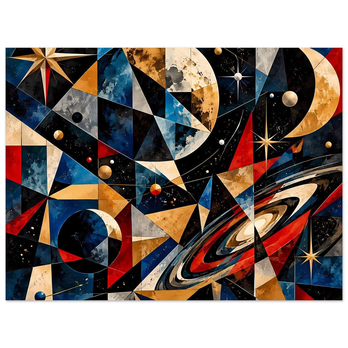 Weltraum-Poster, eng zugeschnitten: Dreiecke, Planeten und Sterne in Blau, Rot und Gold