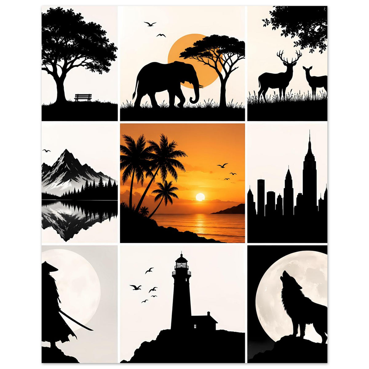 Kunstposter mit Silhouetten-Collage: Elefant und Rehe, Berge, Palmenstrand, Leuchtturm, Stadt, Vollmond-Wolf