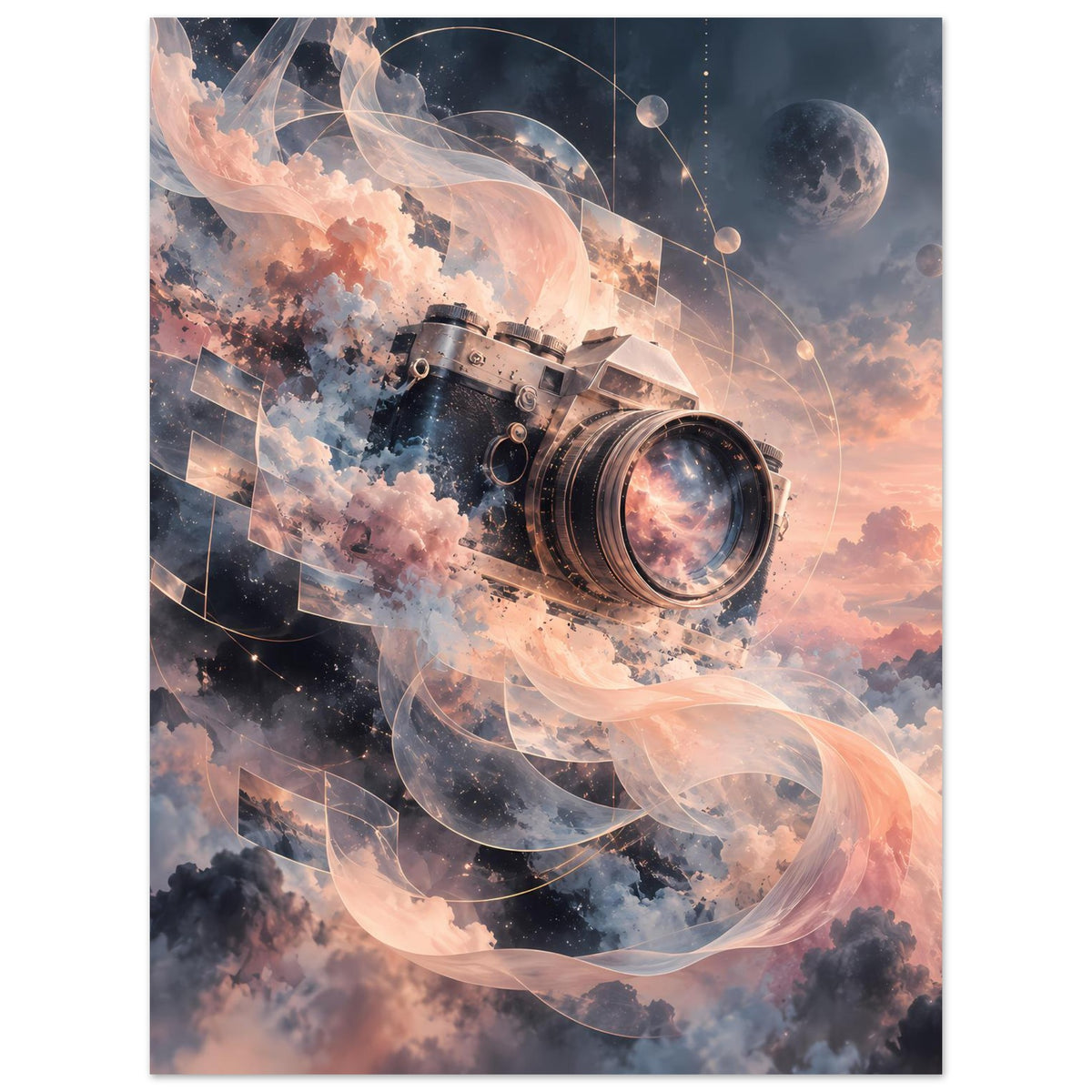 Poster mit Retro-Kamera und Mond, goldene Lichtpunkte und wehender Rauchspirale