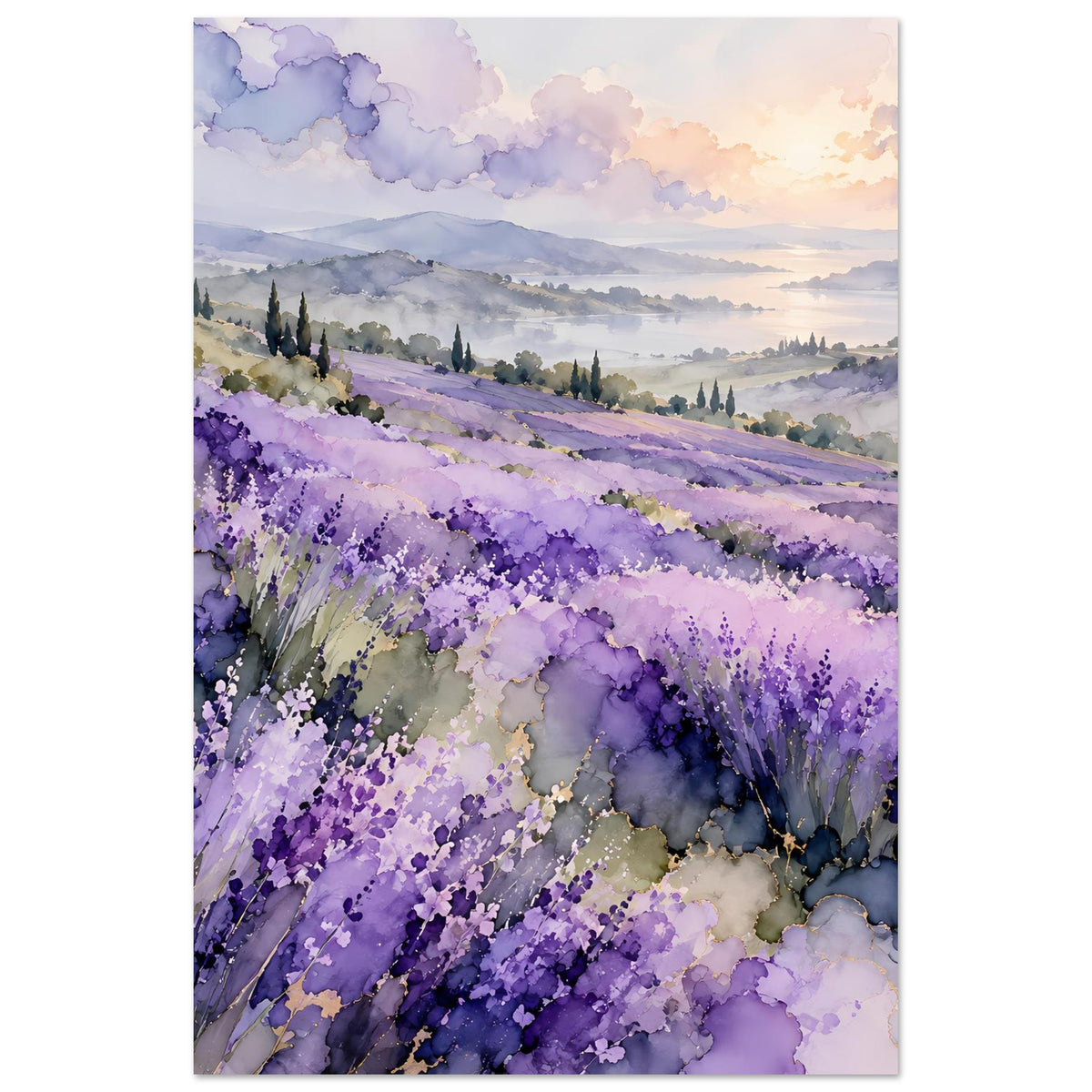 Vertikales Aquarell-Landschaftsposter mit violettem Lavendelmeer und hellen Wolken am Himmel