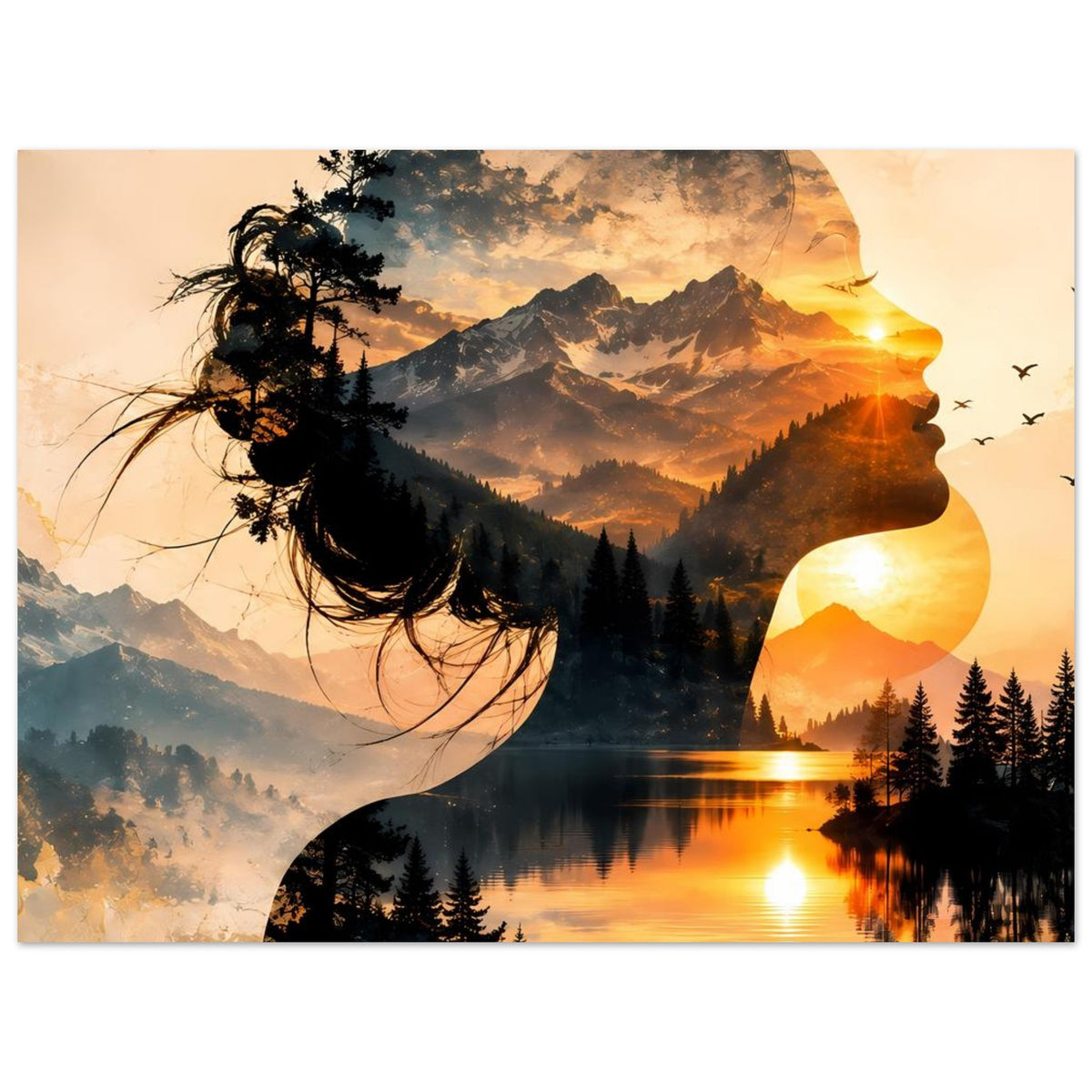 Poster im Querformat: Frauensilhouette aus Naturmotiv, Berge, See-Reflexion und Vögel am Himmel