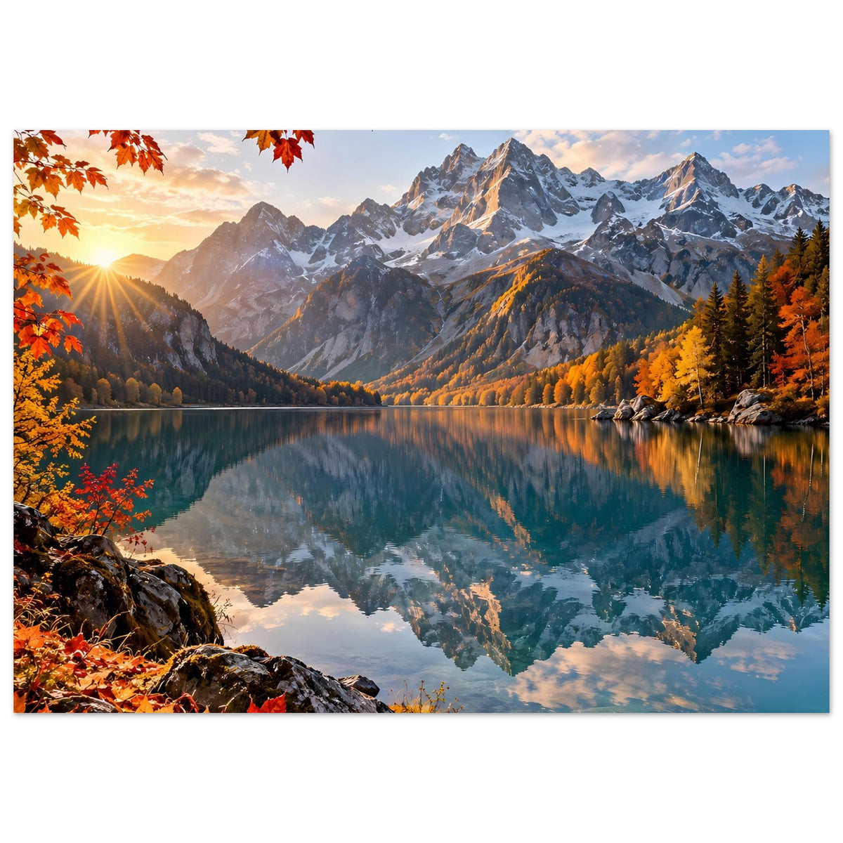 Horizontales Landschaftsposter: Berge, ruhiger See mit Spiegelbild und Felsufer mit Blättern