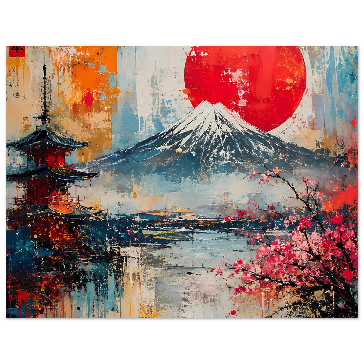 Japanisches Landschaftsposter (querformat): Fuji, Kirschblüten und roter Mond, großflächiger Druck